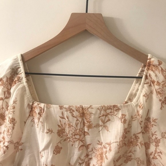 Blu Pepper Cream and Brown Floral Square Neck Puff Sleeve Mini Dress-Size Small - Picture 3 of 9